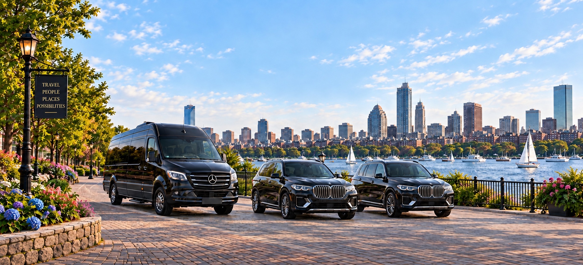 Black passenger van and two SUVs beside a waterfront promenade